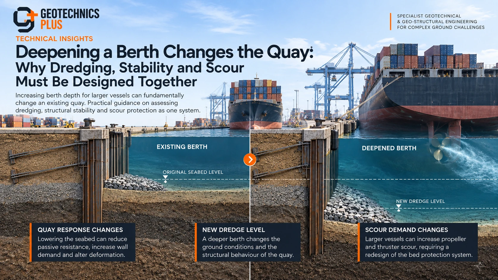 Existing and deepened berth comparison showing quay wall response, dredge level and scour protection