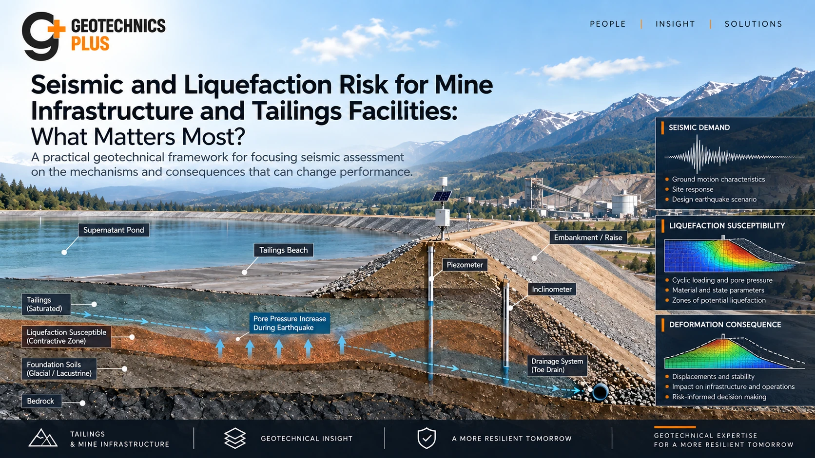 Geotechnics Plus cover illustrating seismic demand, liquefaction susceptibility, pore pressure increase, deformation consequences and monitoring for mine infrastructure and tailings facilities.