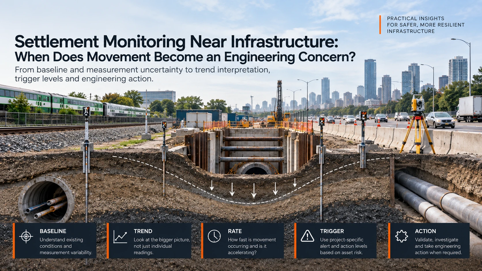 Settlement monitoring near infrastructure with rail, roadway, excavation and ground movement instrumentation.